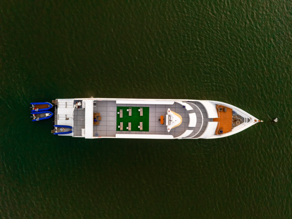 Aerial view of the MV Koon 9 dive boat in the Andaman Sea, Thailand