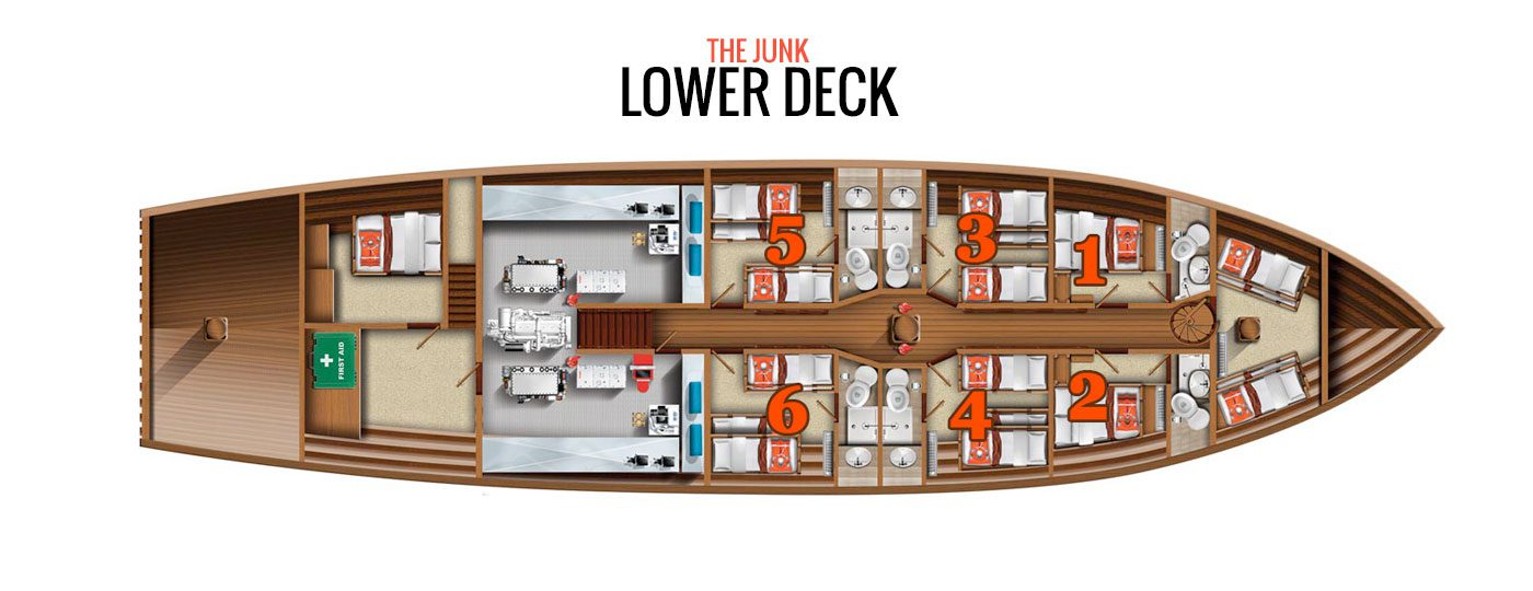 Lower deck layout of The Junk liveaboard