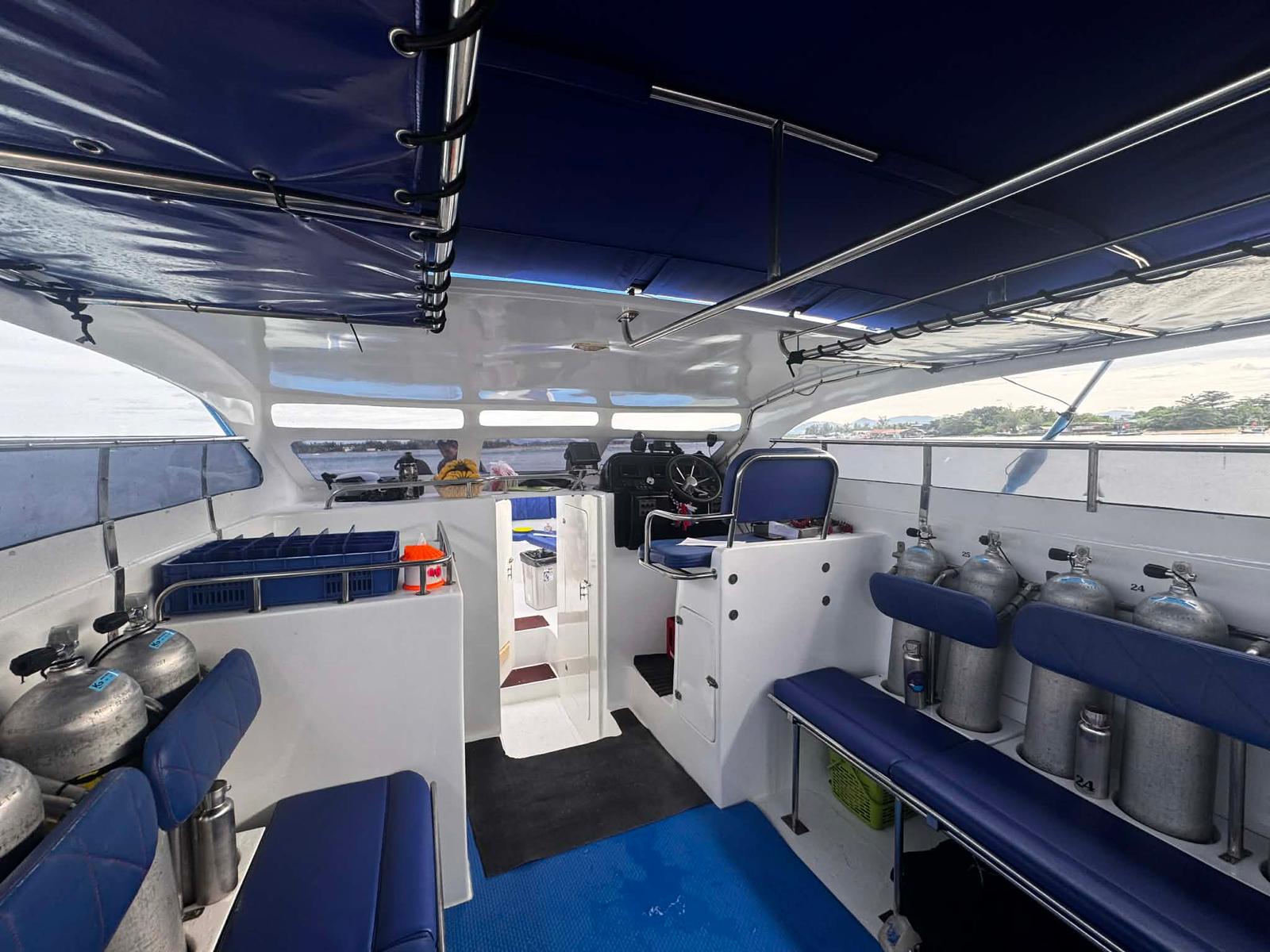Interior of the Blue Marlin speedboat looking toward the bow