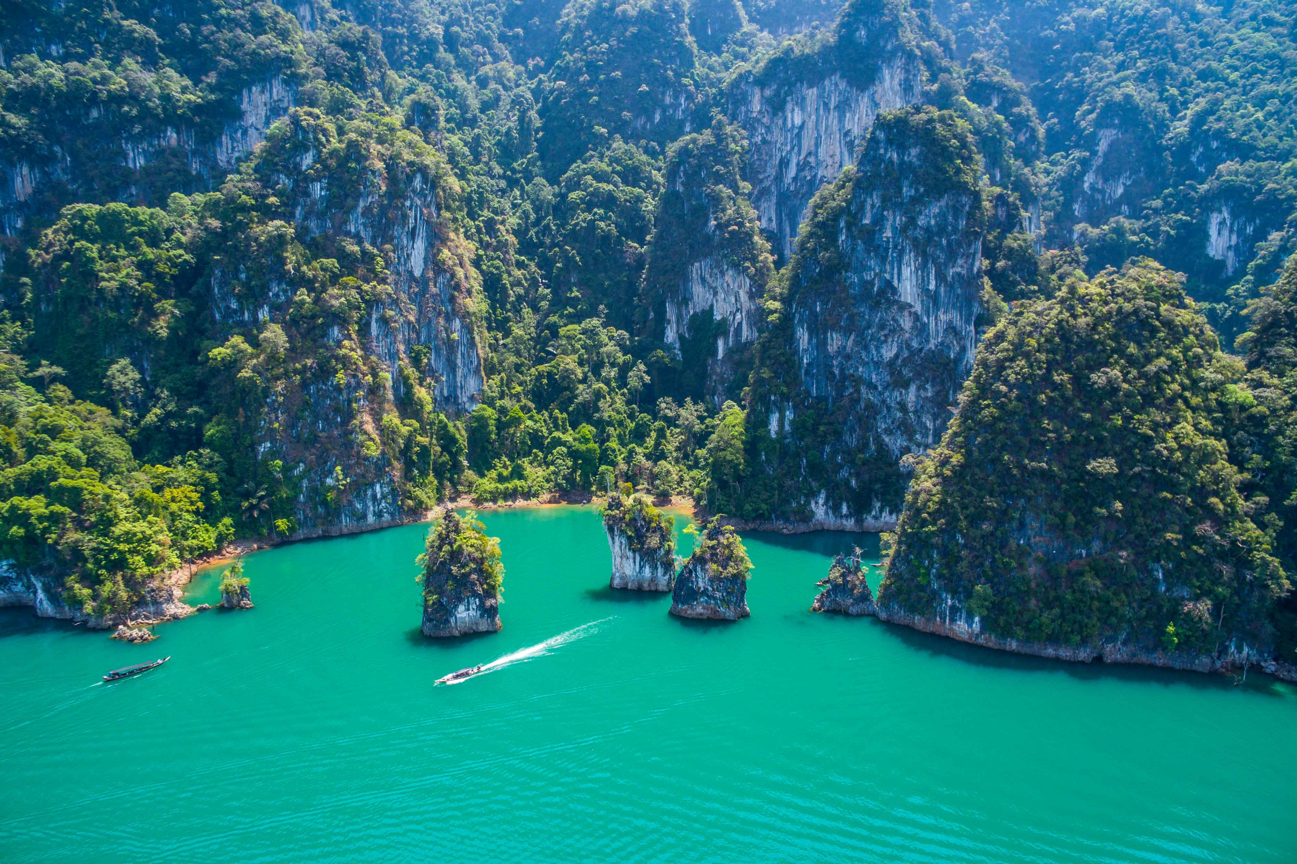 Aerial view of limestone mountains and lake in Khao Sok National Park, Thailand